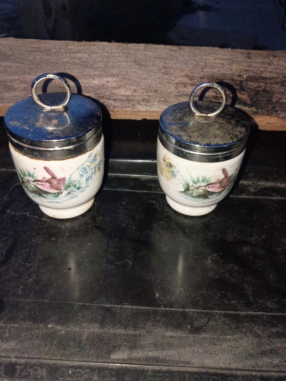 Porcelain Egg Cups with Bird Motif and Silver-Tone Lids - Set of 2